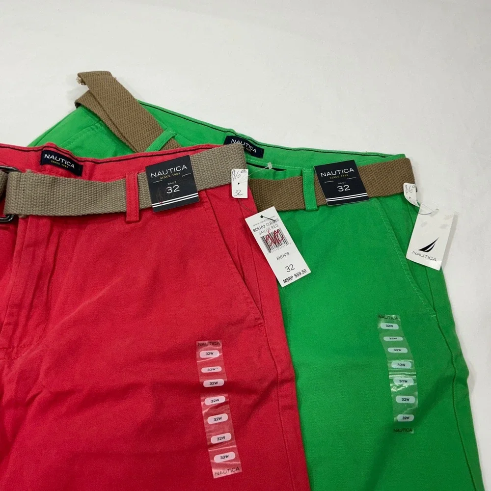 Nautica Mens 32 Chino Shorts 2 Pack Red Green Belted Flat Front BC6102 NEW